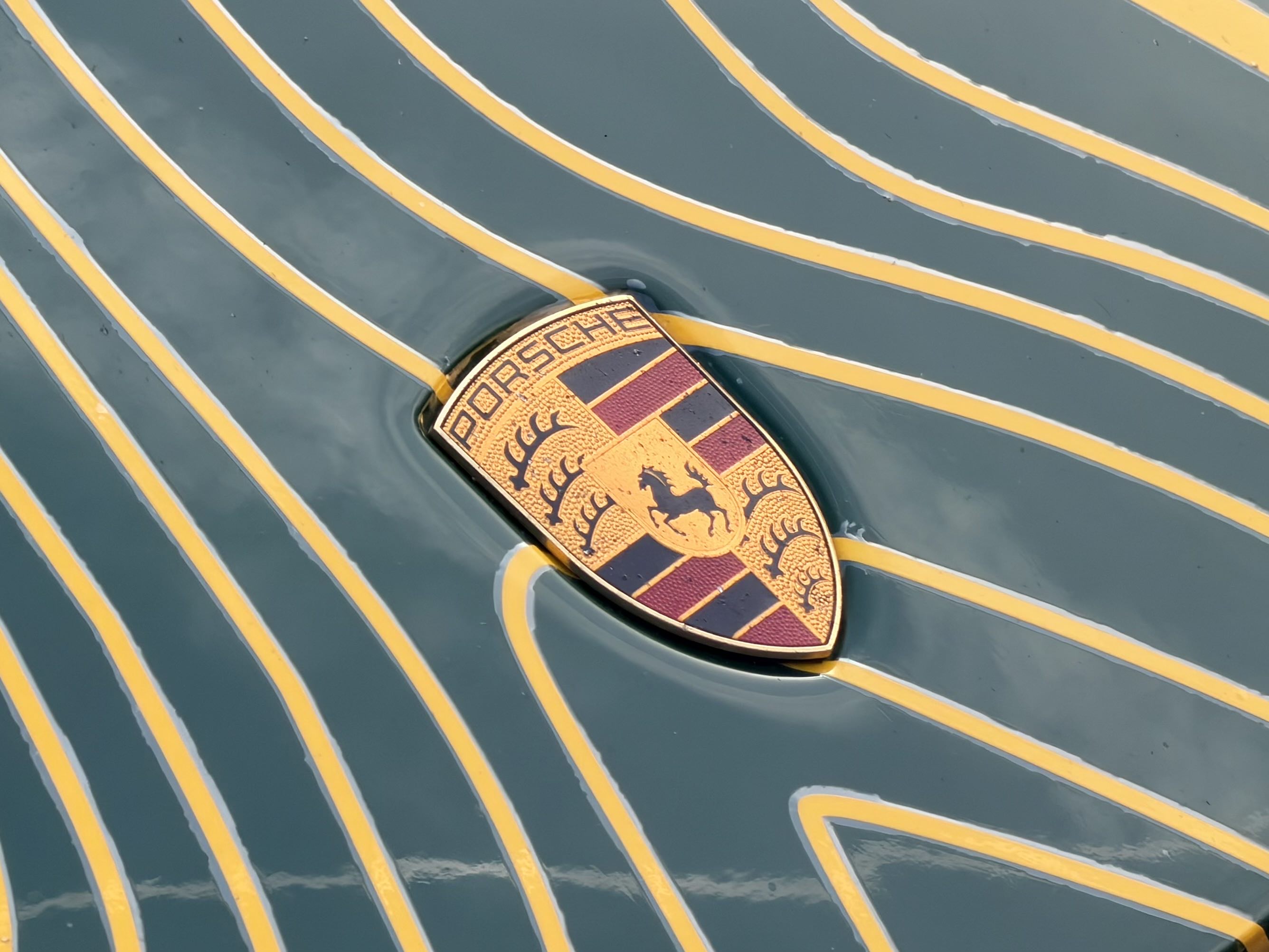 The Porsche shield logo embedded within the topographical lines of the #120 Wright Motorsports Porsche 911 GT3